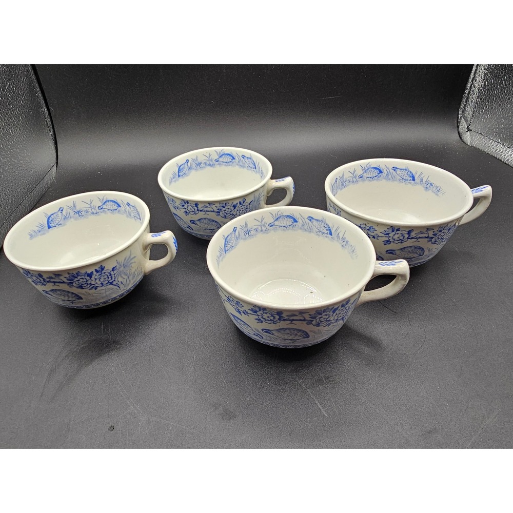 Furnivals Quail Blue Cups Set of 4 English Ironstone Blue White Transferware Ss